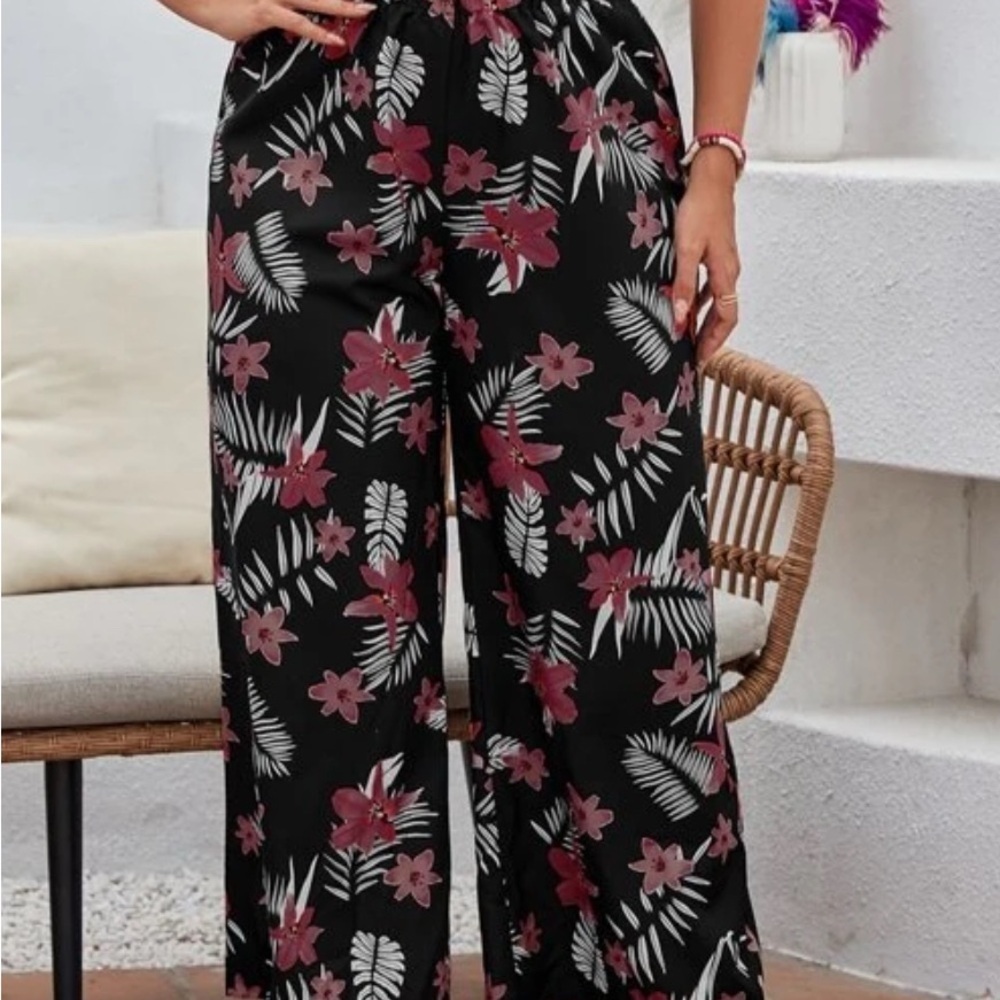 Black and Pink Wide Leg Pants with Tropical Print